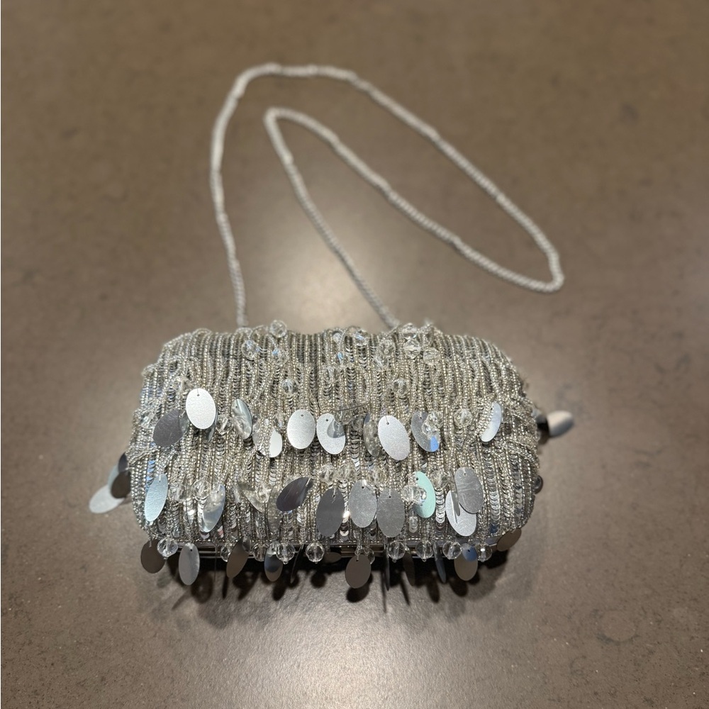 Silver Beaded Evening Clutch with Large Sequin Accents